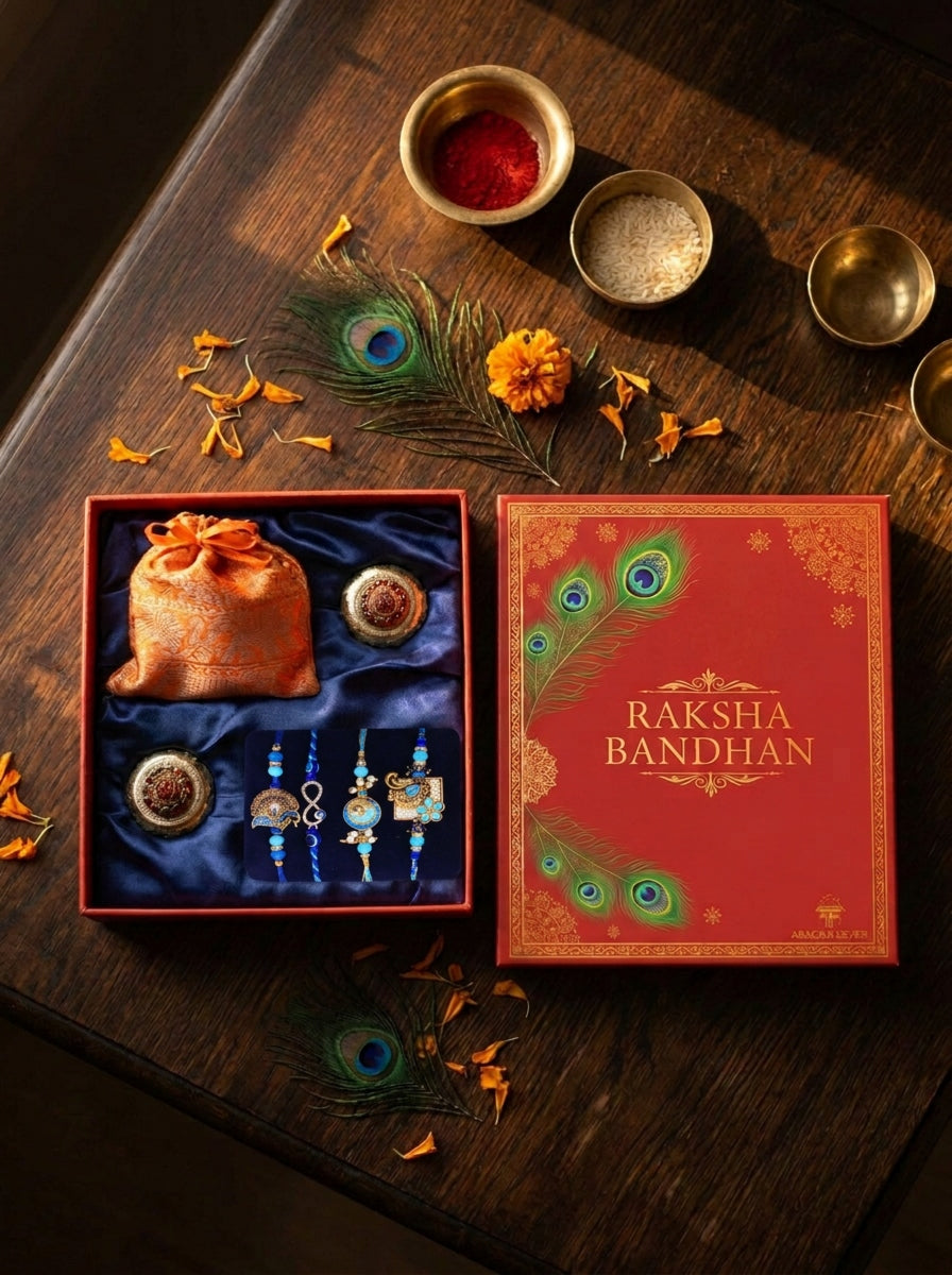 The Peacock Courtyard (Classic Rakhi Box, orange)